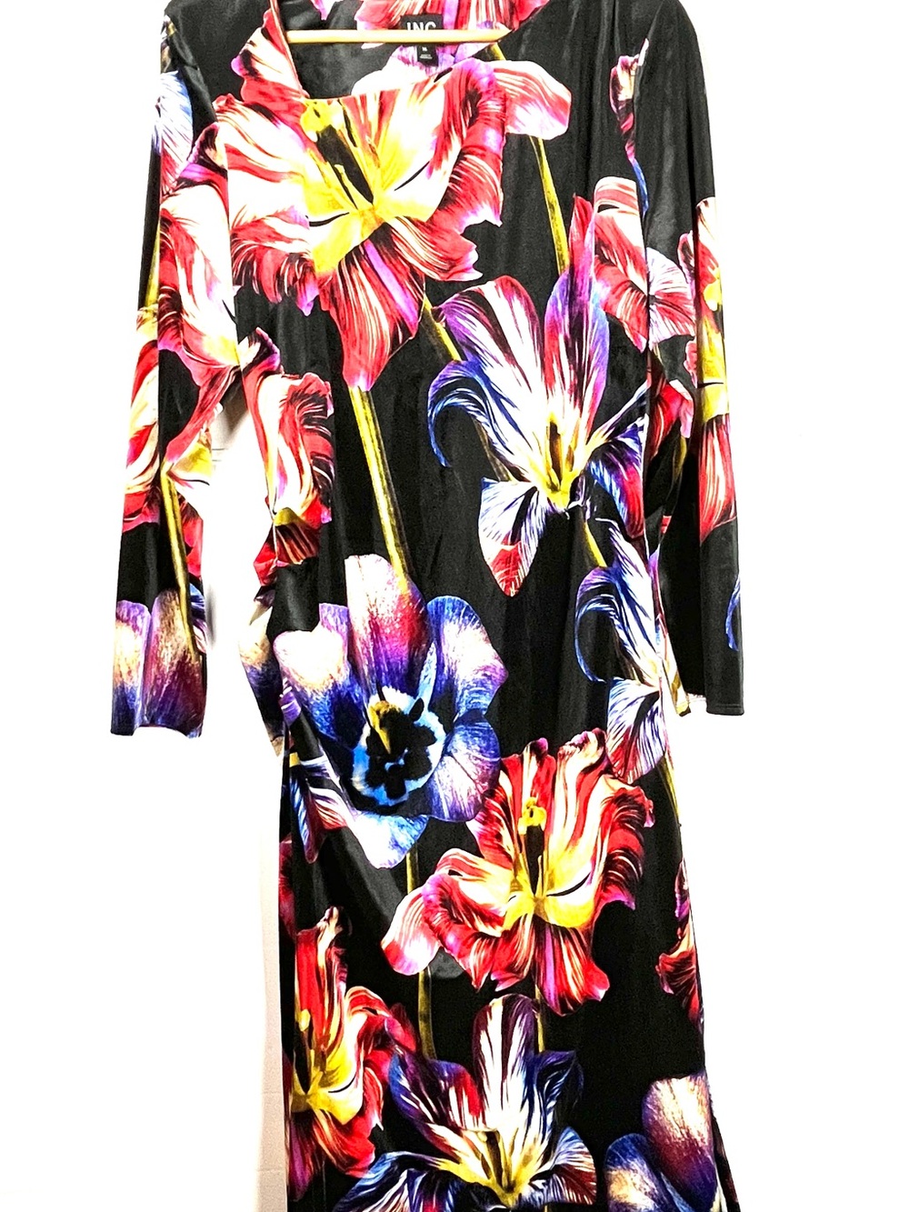 Floral Long Sleeve Black Maxi Dress with Multicolor Bloom Print